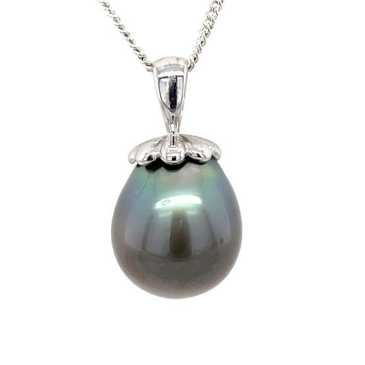 9ct White Gold 15mm Baroque Tahitian Pearl Petal Top Pendant
