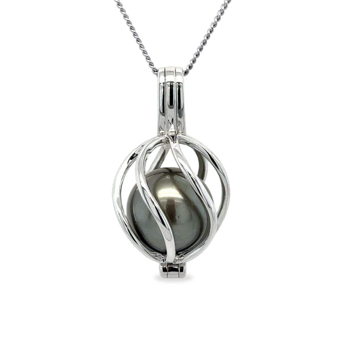Sterling Silver Tahitian Pearl Wavy Cage Pendant