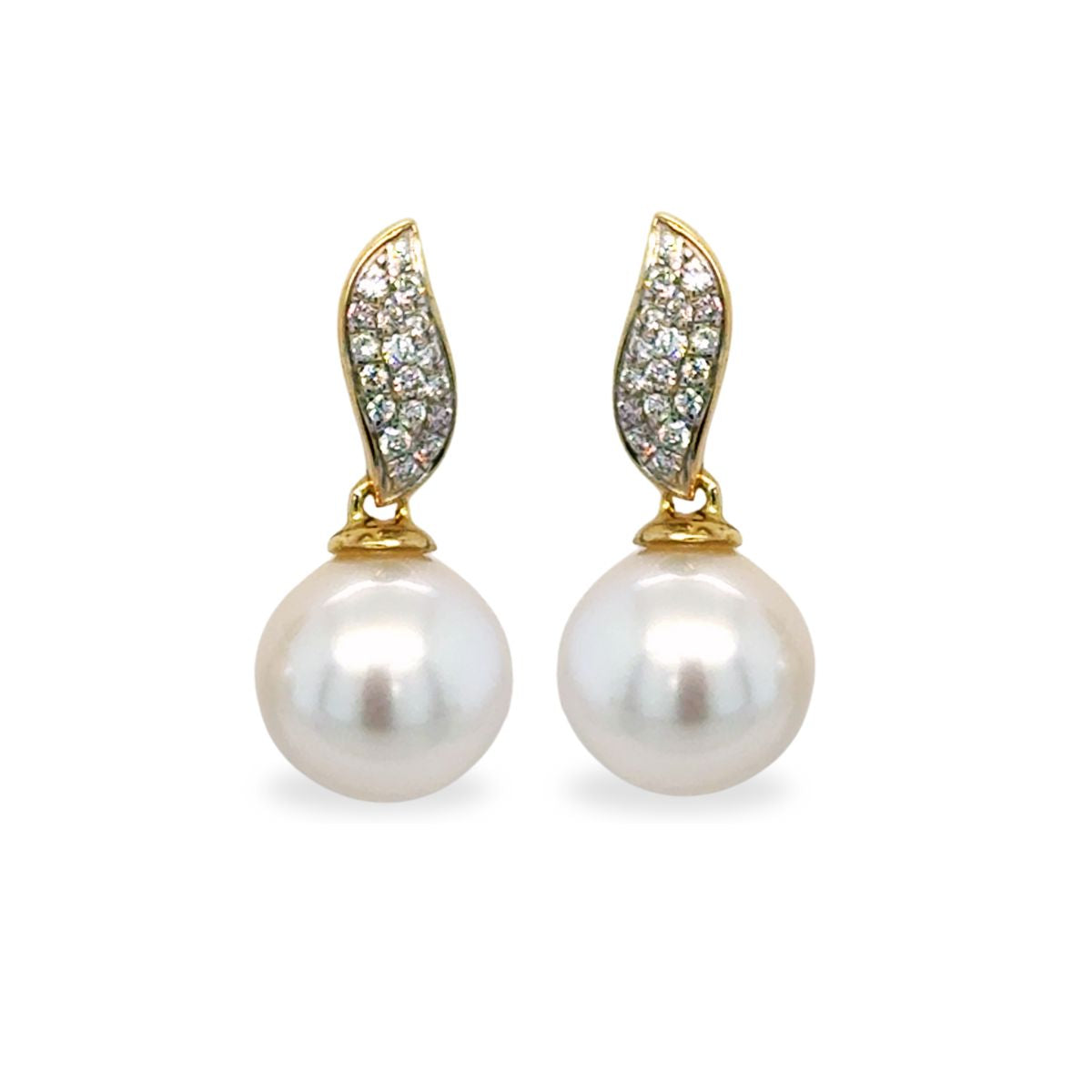 9ct Gold 9mm South Sea Pearl & Diamond Leaf Studs