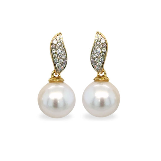 9ct Gold 9mm South Sea Pearl & Diamond Leaf Studs