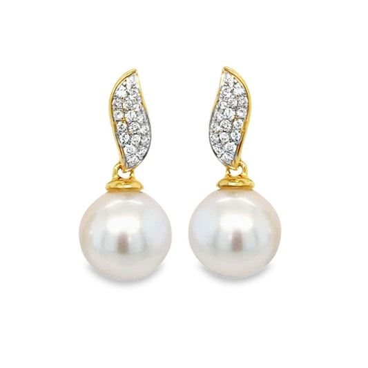 9ct Gold 9mm South Sea Pearl & Diamond Leaf Studs