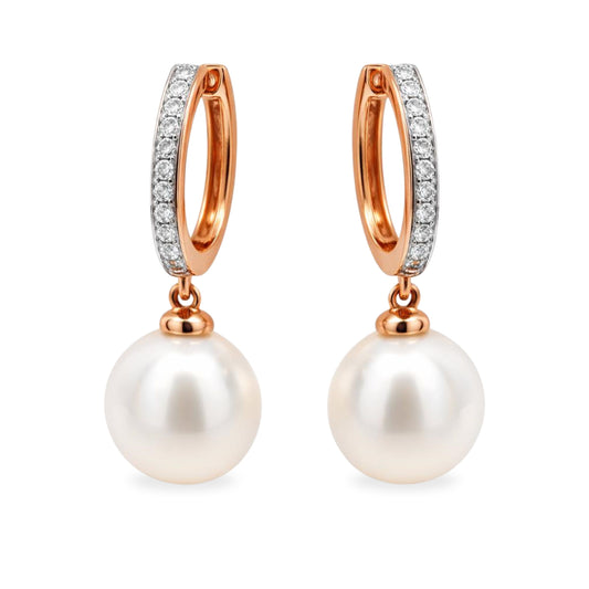 9ct Rose Gold 10-11mm South Sea Pearl Diamond Huggie Hoops