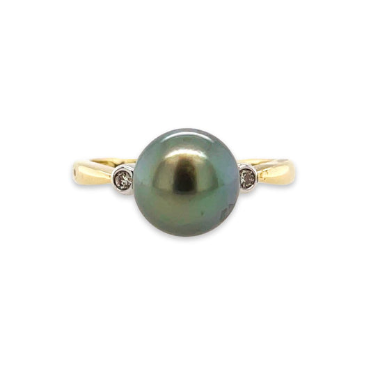 9ct Yellow Gold 9mm Tahitian Pearl & Diamond Ring