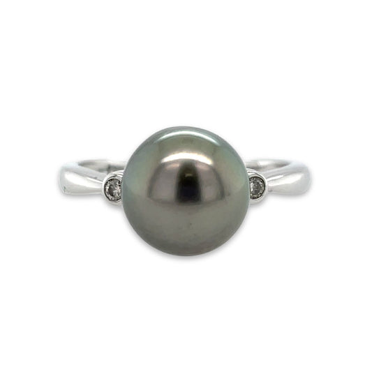 9ct Yellow Gold 9mm Tahitian Pearl & Diamond Ring