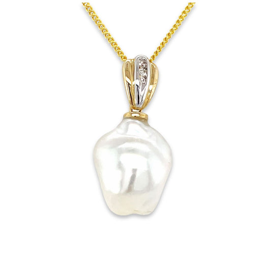 9ct Yellow Gold 17mm Keshi Pearl & Diamond Pendant