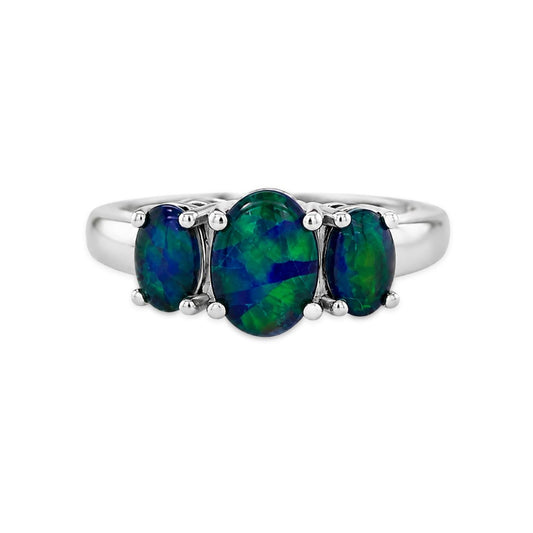 9ct White Gold Triplet Opal Trilogy Ring