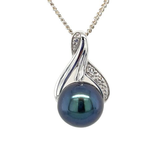 9ct White Gold 9-9.5mm Tahitian Pearl & Diamond Wishbone Pendant