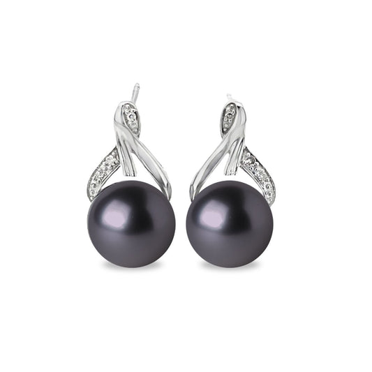 9ct White Gold 8-9mm Tahitian Pearl & Diamond Wishbone Studs