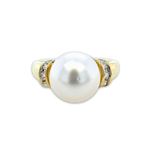 9ct Yellow Gold 10mm South Sea Pearl & Diamond Curve Ring