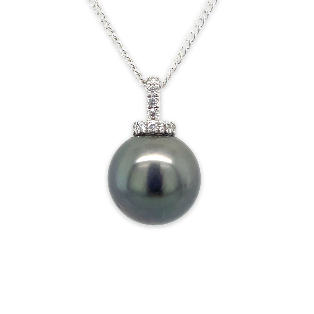 9ct White Gold 11mm Tahitian Pearl & Diamond Pendant