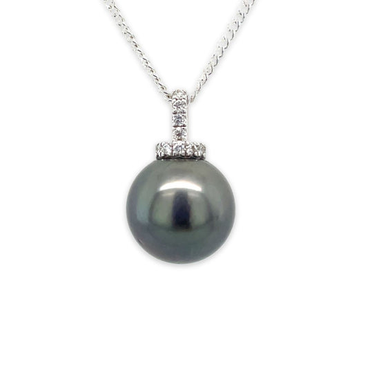 9ct White Gold 11mm Tahitian Pearl & Diamond Pendant