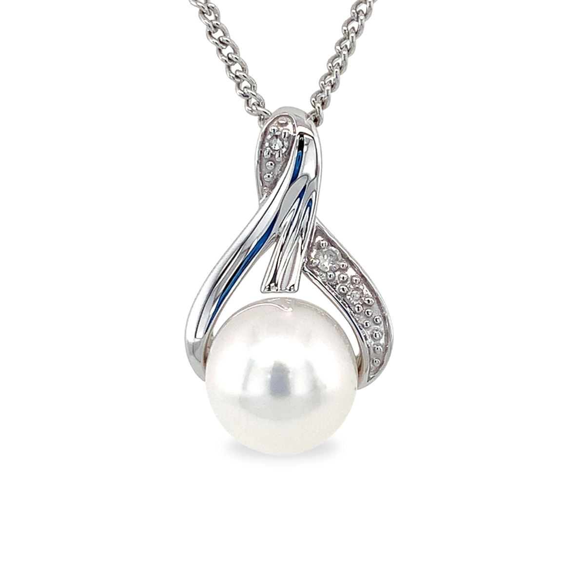 9ct White Gold 8mm South Sea Pearl & Diamond Wishbone Pendant