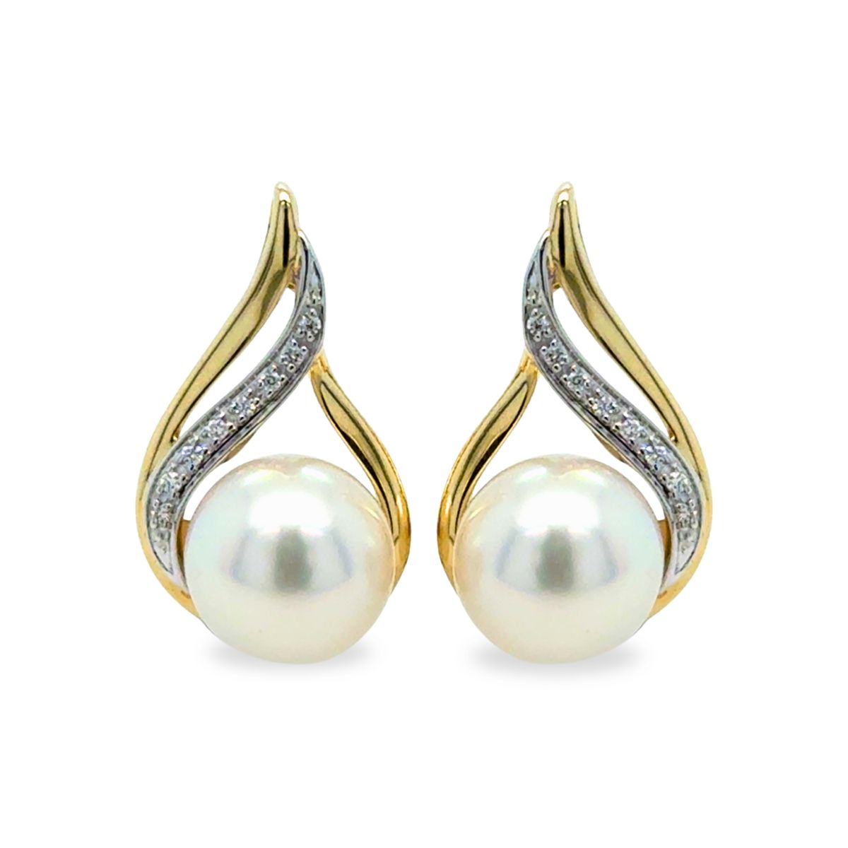 9ct Gold 9.5mm South Sea Pearl & Diamond Top Swirl Studs