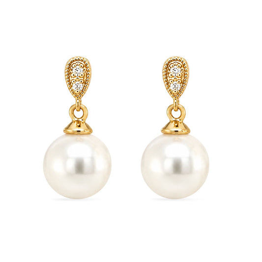 9ct Yellow Gold 9-10mm South Sea Pearl & Diamond Drop Studs