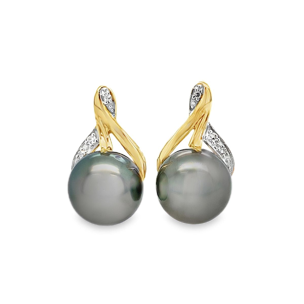 9ct Yellow Gold 8-9mm Tahitian Pearl & Diamond Wishbone Studs