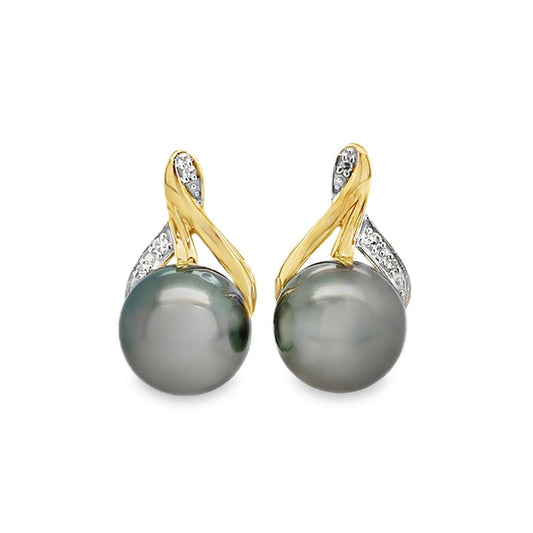 9ct Yellow Gold 8-9mm Tahitian Pearl & Diamond Wishbone Studs
