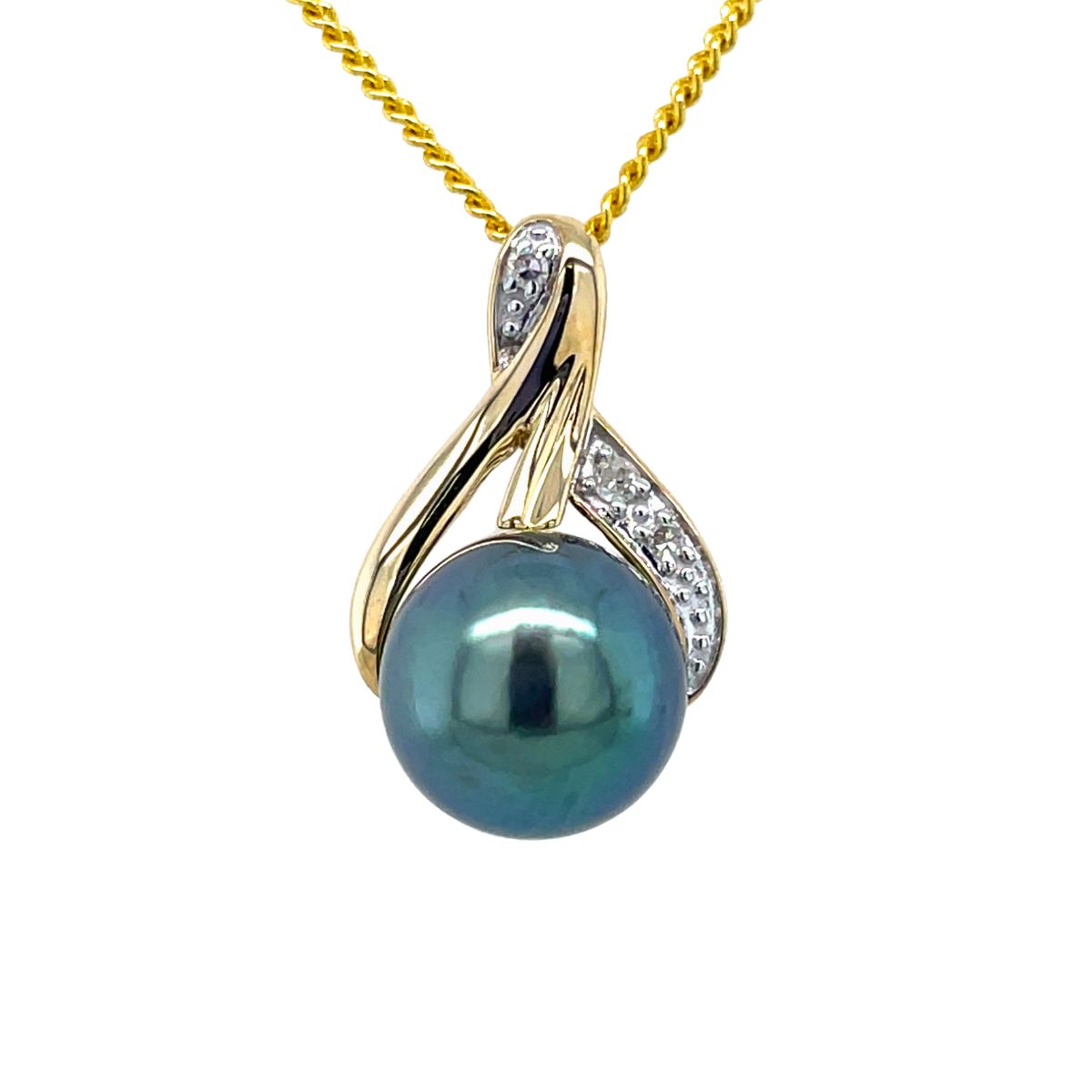9ct Yellow Gold 9-9.5mm Tahitian Pearl & Diamond Wishbone Pendant