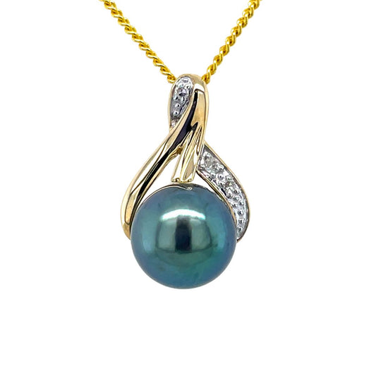 9ct Yellow Gold 9-9.5mm Tahitian Pearl & Diamond Wishbone Pendant