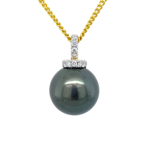 9ct Yellow Gold 11mm Tahitian Pearl & Diamond Pendant