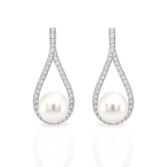 Sterling Silver Freshwater Pearl & Cubic Zirconia Teardrop Studs