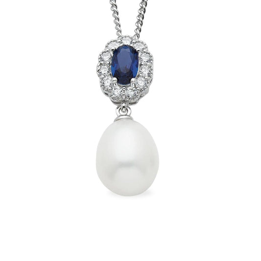 Sterling Silver Freshwater Pearl & Blue Cubic Zirconia Pendant