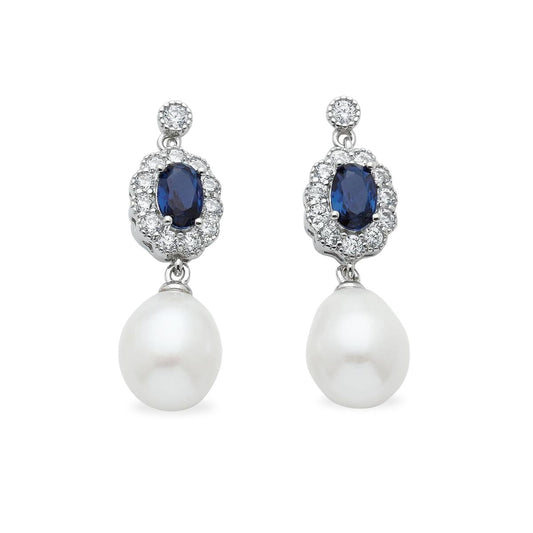 Sterling Silver Freshwater Pearl & Blue Cubic Zirconia Studs