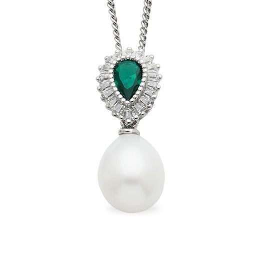 Sterling Silver Freshwater Pearl & Green Cubic Zirconia Pendant