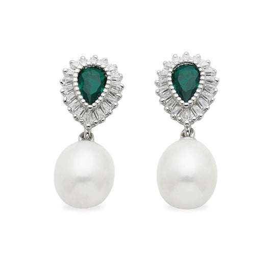 Sterling Silver Freshwater Pearl & Green Cubic Zirconia Studs