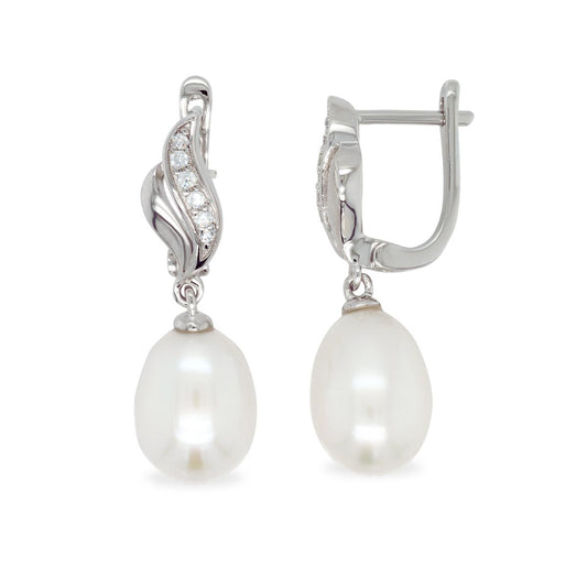 Sterling Silver Freshwater Pearl & Cubic Zirconia Wave Hoops