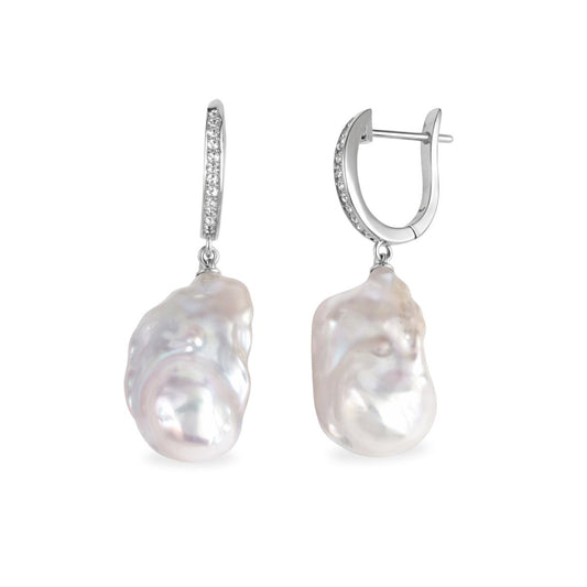 Sterling Silver Baroque Freshwater Pearl & Cubic Zirconia Drop Hoops