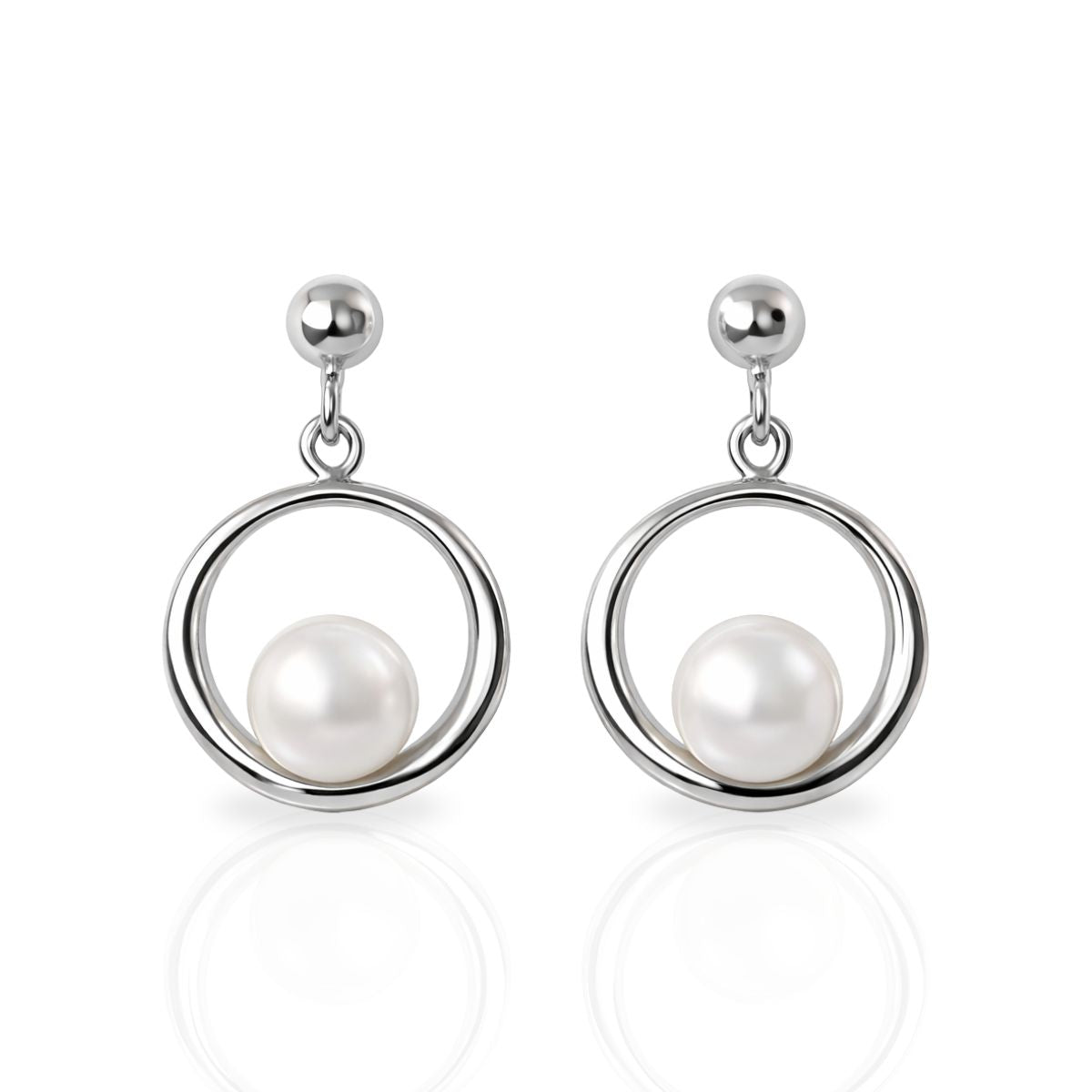 Sterling Silver Button Freshwater Pearl Open Circle Drop Studs