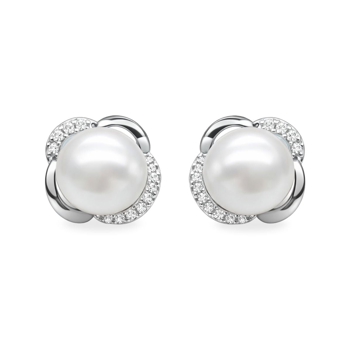 Sterling Silver Button Freshwater Pearl & Cubic Zirconia Flower Studs