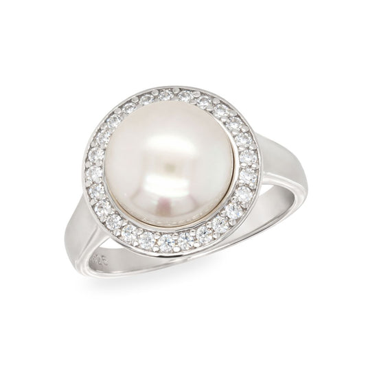 Sterling Silver Button Freshwater Pearl & Cubic Zirconia Ring