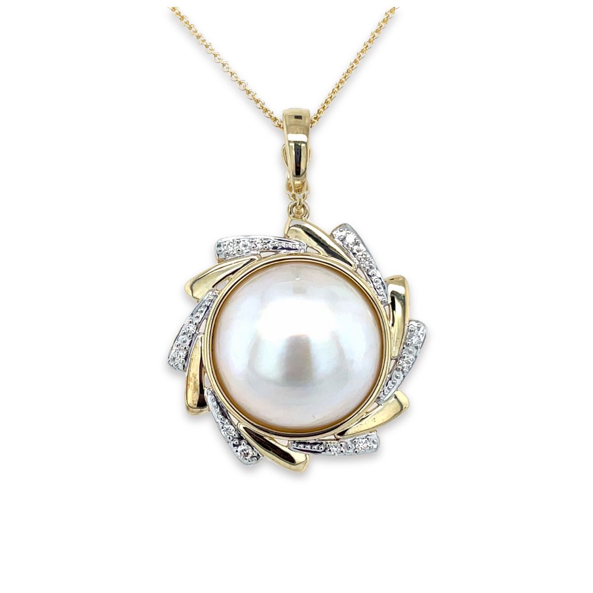 9ct Yellow Gold 15mm Mabe Pearl & Diamond 'Sun Ray' Pendant