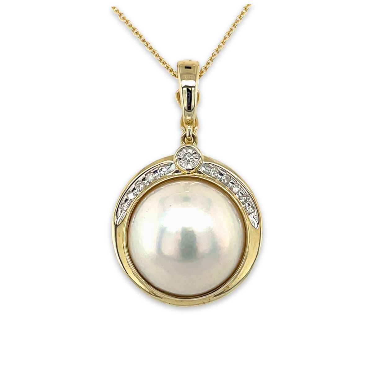 9ct Yellow Gold 12mm Mabe South Sea Pearl & Diamond Enhancer Pendant