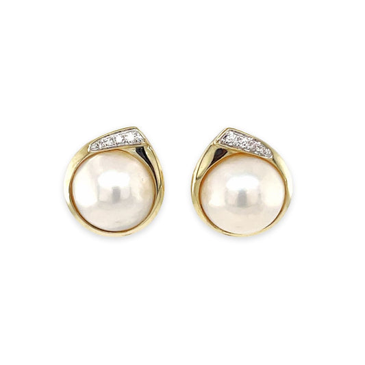 9ct Yellow Gold 10mm Mabe South Sea Pearl & Diamond Studs