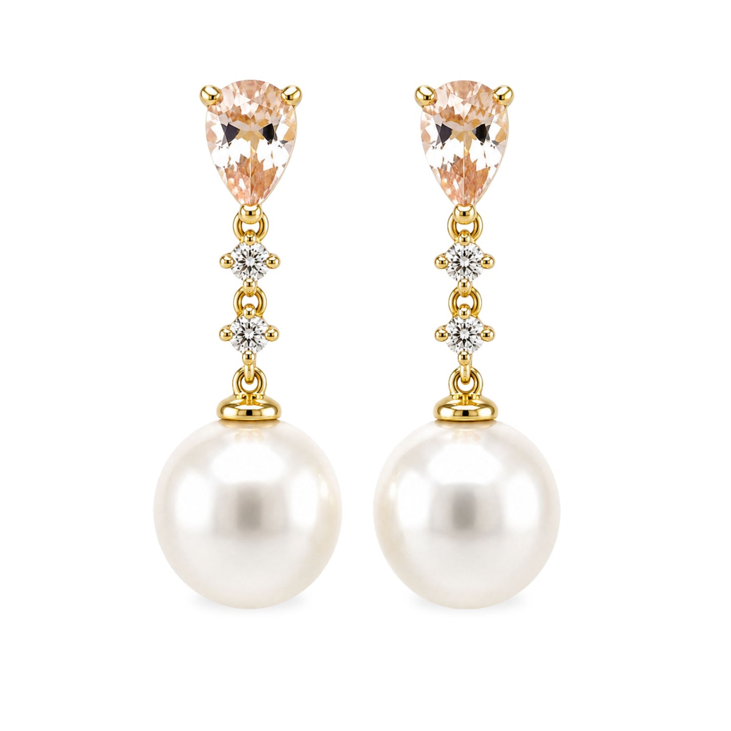 18ct Yellow Gold 10mm South Sea Pearl, Morganite & Diamond Studs