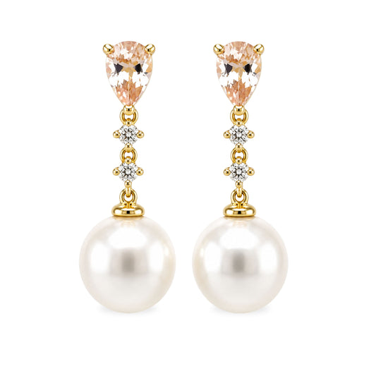 18ct Yellow Gold 10mm South Sea Pearl, Morganite & Diamond Studs