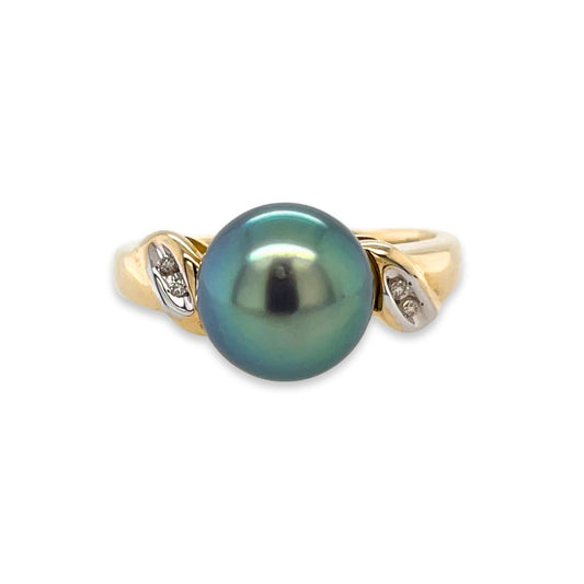 9ct Yellow Gold 10mm Tahitian Pearl & Diamond Ring