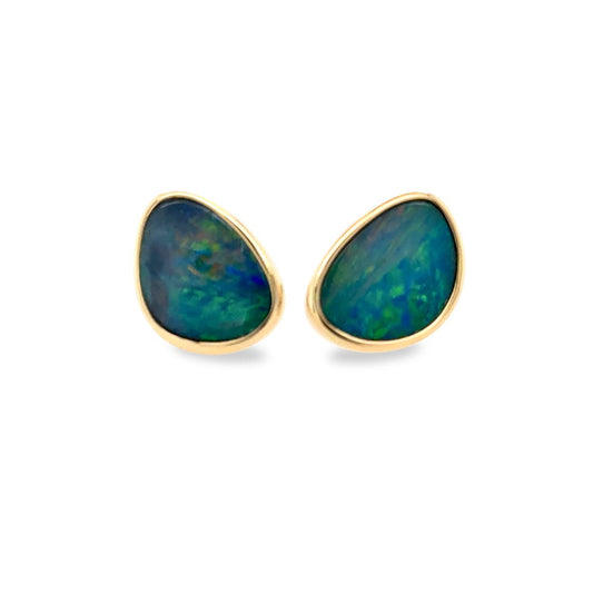 14ct Yellow Gold Freeform Doublet Opal Studs