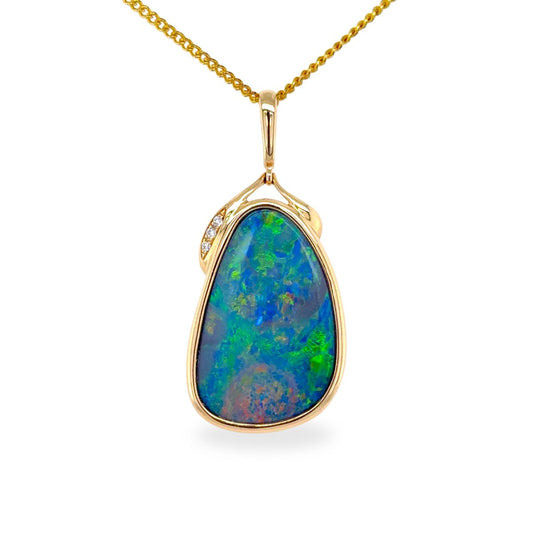 14ct Yellow Gold Freeform Doublet Opal & Diamond Pendant
