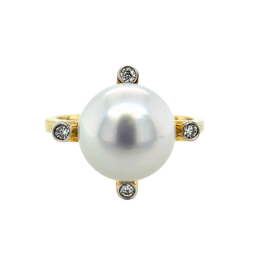 9ct Yellow Gold 11-12mm South Sea Pearl & Bezel Set Diamond Ring