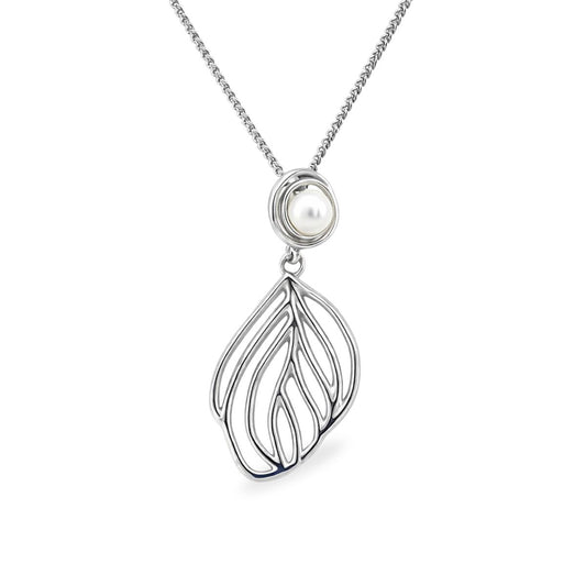Sterling Silver Freshwater Pearl Open Leaf Pendant