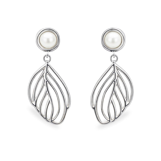 Sterling Silver Freshwater Pearl Open Leaf Drop Studs