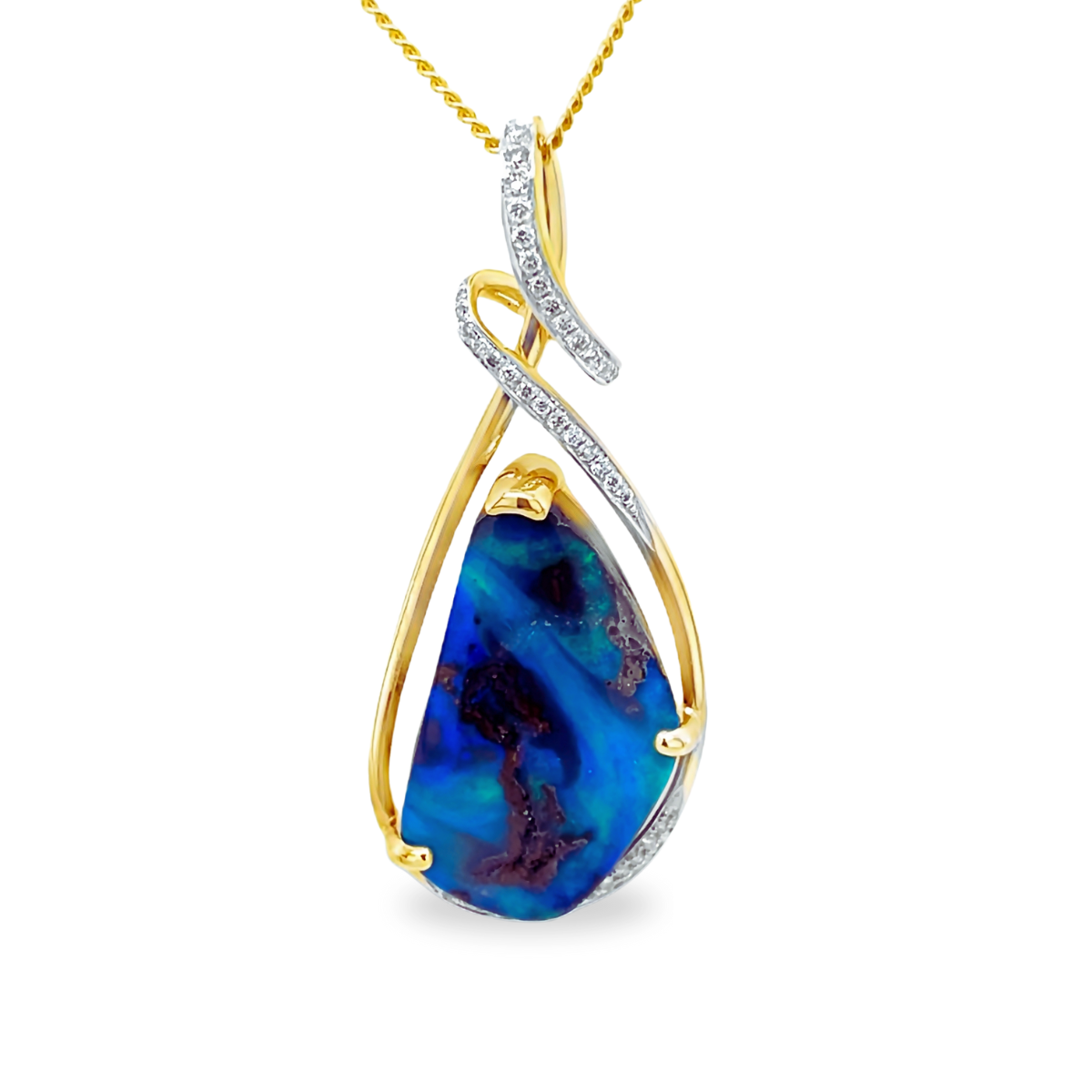 9ct Yellow Gold Freeform Australian Boulder Opal And Diamond Pendant