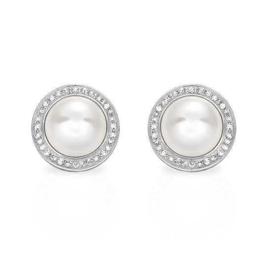 Sterling Silver Button Freshwater Pearl & Cubic Zirconia Studs