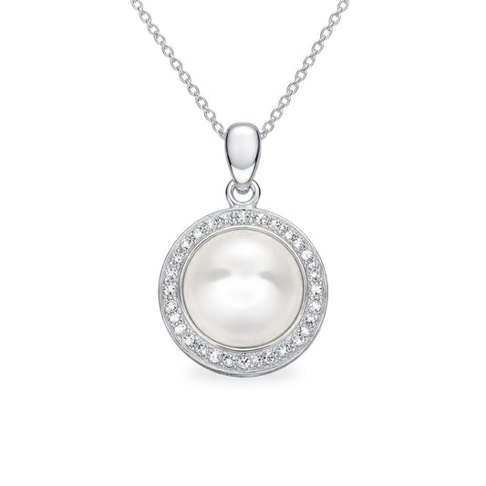 Sterling Silver Button Freshwater Pearl & Cubic Zirconia Pendant