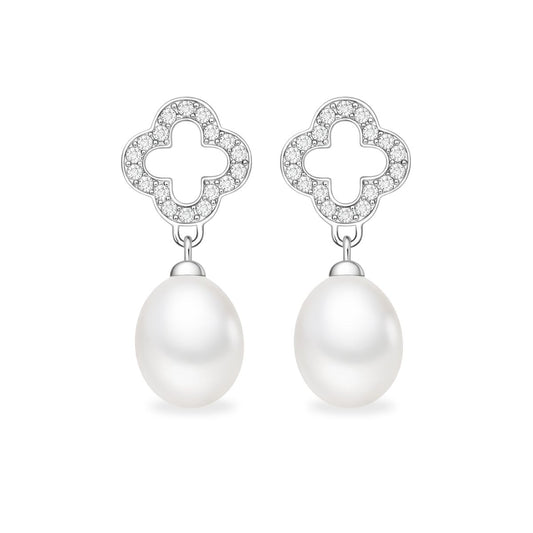 Sterling Silver Freshwater Pearl & Cubic Zirconia Flower Drop Studs