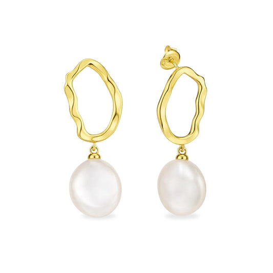 Sterling Silver Gold Tone Freshwater Pearl Open Wave Drop Studs
