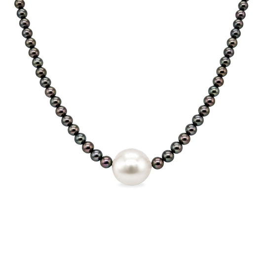 40cm Black Akoya Pearl and South Sea Pearl Silver Clasp Necklace